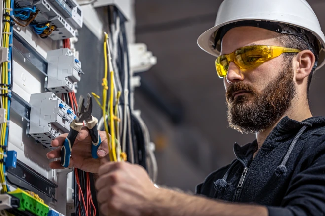Elektrikář pracující v rozvaděči
